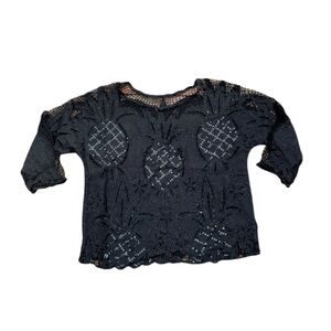 Vintage 1980's Black Crochet Beaded Top Pineapple Long Sleeve Shirt Medium Sheer
